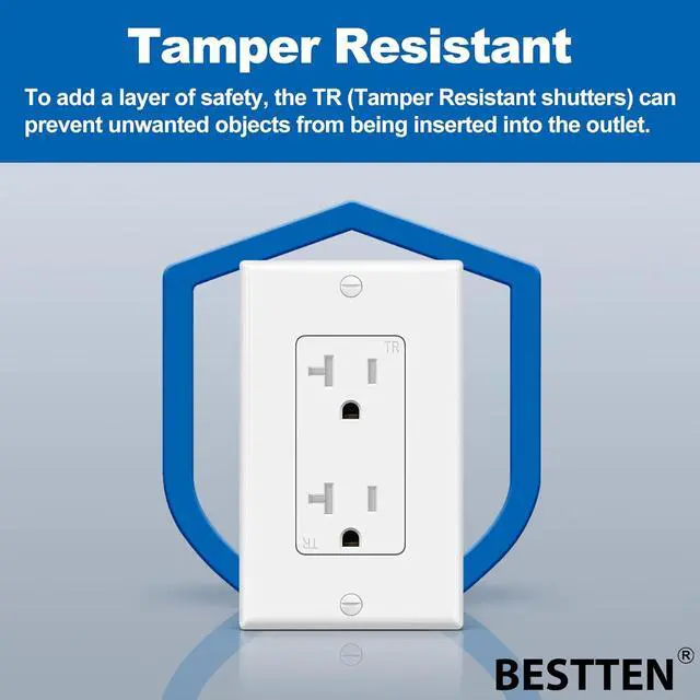 Alt view image 4 of 7 - BESTTEN 20 Pack 20 Amp Decor Wall Receptacle Outlet, 20A Tamper-Resistant (TR) Electrical Outlet with Wallplate, Residential and Commercial Use, UL Listed, White