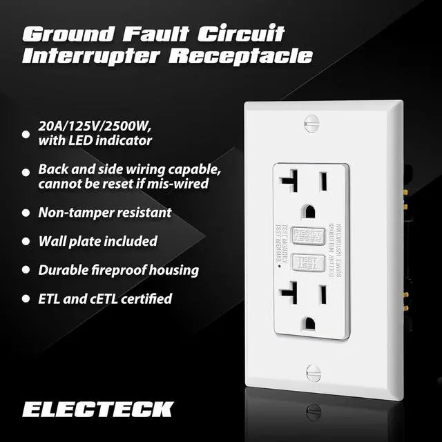 Alt view image 2 of 7 - ELECTECK 10 Pack GFCI Outlets 20 Amp, Non-Tamper Resistant, Decor GFI Receptacles with LED Indicator, Ground Fault Circuit Interrupter, Wallplate Included, ETL Listed, White