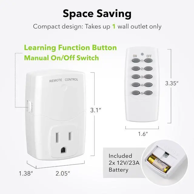Alt view image 6 of 7 - BN-LINK Mini Wireless Remote Control Outlet Switch Power Plug in for Household Appliances, Wireless Remote Light Switch, LED Light Bulbs, White (2 Remotes + 5 Outlets) 1250W/10A