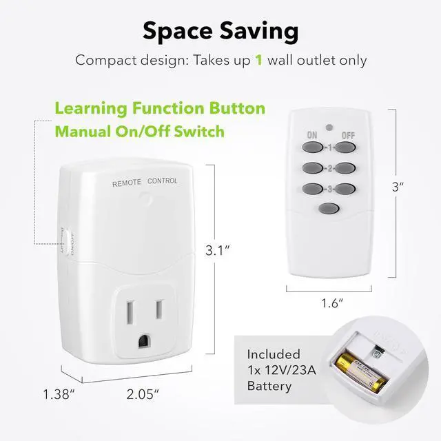 Alt view image 6 of 7 - BN-LINK Mini Wireless Remote Control Outlet Switch Power Plug in for Household Appliances, Wireless Remote Light Switch, LED Light Bulbs, White (1 Remote + 3 Outlet) 1250W/10A