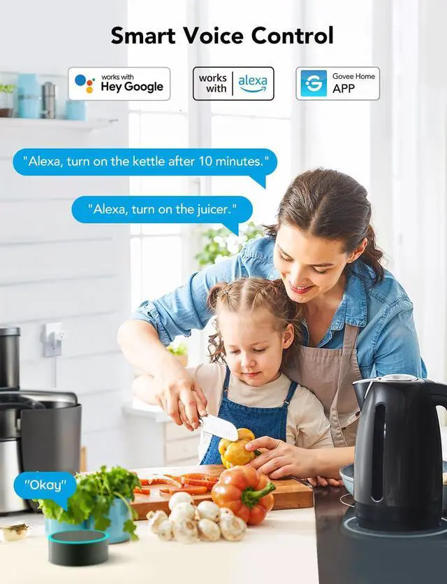 Alt view image 2 of 7 - Govee Dual Smart Plug 4 Pack, 15A WiFi Bluetooth Outlet, Work with Alexa and Google Assistant, 2-in-1 Compact Design, Govee Home App Control Remotely with No Hub Required, Timer, FCC and ETL Certified