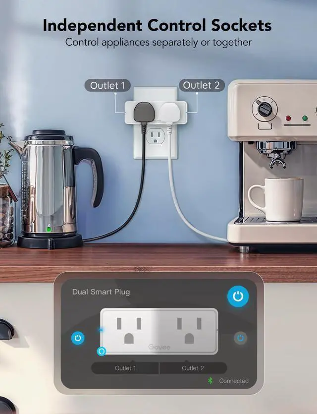 Alt view image 4 of 7 - Govee Dual Smart Plug 4 Pack, 15A WiFi Bluetooth Outlet, Work with Alexa and Google Assistant, 2-in-1 Compact Design, Govee Home App Control Remotely with No Hub Required, Timer, FCC and ETL Certified