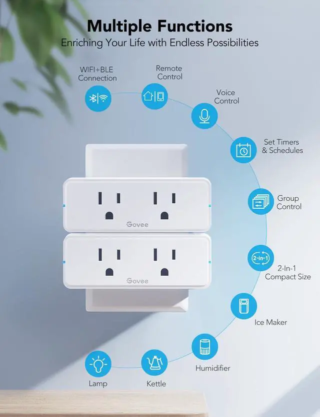 Alt view image 5 of 7 - Govee Dual Smart Plug 4 Pack, 15A WiFi Bluetooth Outlet, Work with Alexa and Google Assistant, 2-in-1 Compact Design, Govee Home App Control Remotely with No Hub Required, Timer, FCC and ETL Certified