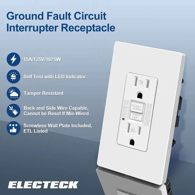 Alt view image 2 of 7 - ELECTECK 15 Amp GFCI Outlets, Tamper Resistant, Self-Test GFI Receptacles with LED Indicator, Ground Fault Circuit Interrupter, Decor Screwless Wallplate Included, ETL Listed, White