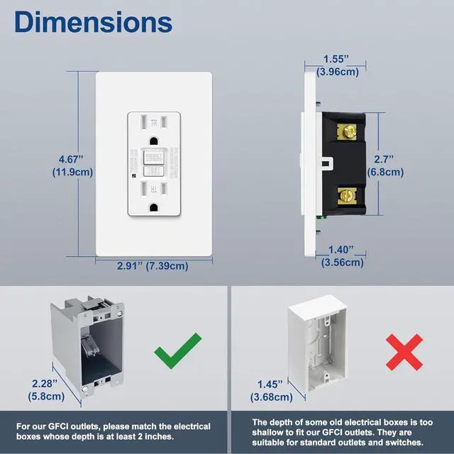 Alt view image 4 of 7 - ELECTECK 15 Amp GFCI Outlets, Tamper Resistant, Self-Test GFI Receptacles with LED Indicator, Ground Fault Circuit Interrupter, Decor Screwless Wallplate Included, ETL Listed, White