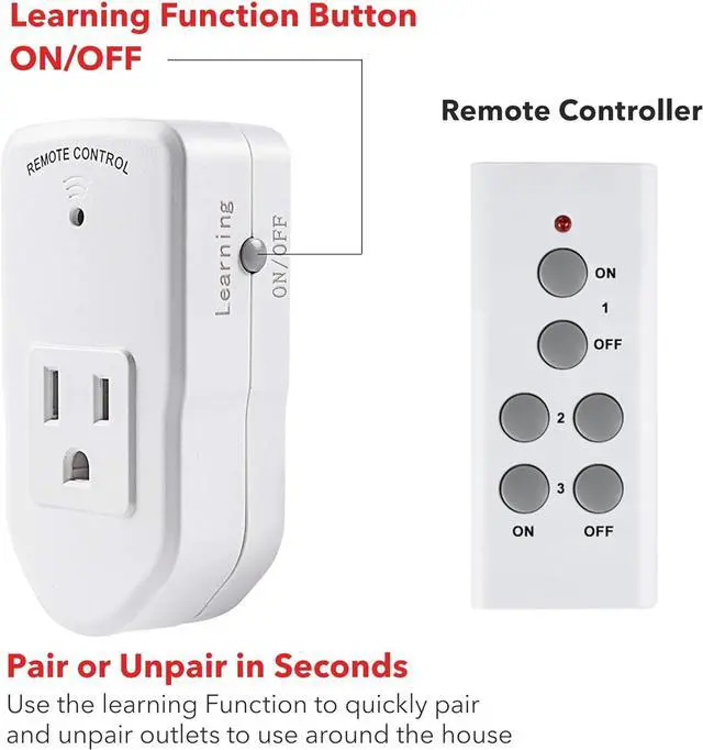 Alt view image 4 of 7 - BN-LINK Wireless Remote Control Electrical Outlet Switch for Lights, Fans, Christmas Lights, Small Appliance, Long Range White 10A/1200W, 1 Remote + 1 Outlet