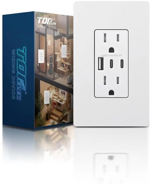 Main image of USB Wall Outlets, 3-Port USB C Outlet Receptacles, 30W 6.0A USB Electrical Outlet, 15 Amp Tamper-Resistant Outlet with Dual C Ports, ETL & FCC Listed, Screwless Wall Plate Included, White