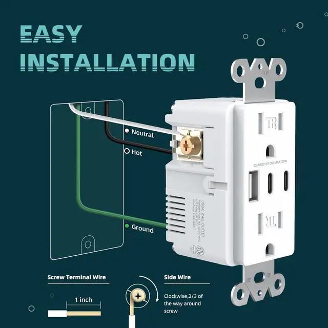 Alt view image 6 of 7 - USB Wall Outlets, 3-Port USB C Outlet Receptacles, 30W 6.0A USB Electrical Outlet, 15 Amp Tamper-Resistant Outlet with Dual C Ports, ETL & FCC Listed, Screwless Wall Plate Included, White
