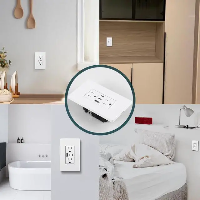 Alt view image 7 of 7 - USB Wall Outlets, 3-Port USB C Outlet Receptacles, 30W 6.0A USB Electrical Outlet, 15 Amp Tamper-Resistant Outlet with Dual C Ports, ETL & FCC Listed, Screwless Wall Plate Included, White