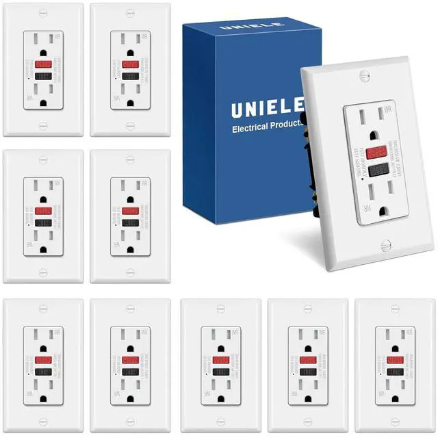 Main image of (10 Pack) UNIELE 15 Amp WR GFCI Receptacle Outlet, Outdoor Weather-Resistant GFI, Ground Fault Circuit Interrupter, Wallplate Included, ETL Listed
