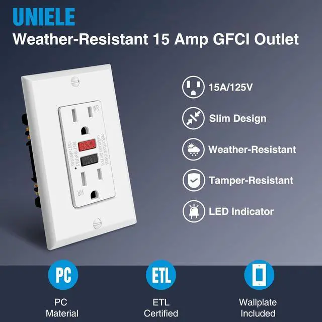 Alt view image 2 of 7 - (10 Pack) UNIELE 15 Amp WR GFCI Receptacle Outlet, Outdoor Weather-Resistant GFI, Ground Fault Circuit Interrupter, Wallplate Included, ETL Listed