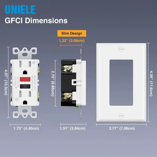 Alt view image 3 of 7 - (10 Pack) UNIELE 15 Amp WR GFCI Receptacle Outlet, Outdoor Weather-Resistant GFI, Ground Fault Circuit Interrupter, Wallplate Included, ETL Listed