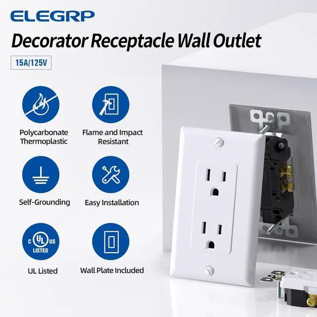 Alt view image 2 of 6 - ELEGRP Glossy White Decorator Receptacle, 15A 125V Standard Electrical Wall Outlet, 2 Pole 3 Wire, Non-Tamper Resistant, NEMA 5-15R, Self-Grounding Residential Grade, w/Wall Plate, UL, 20 Pack