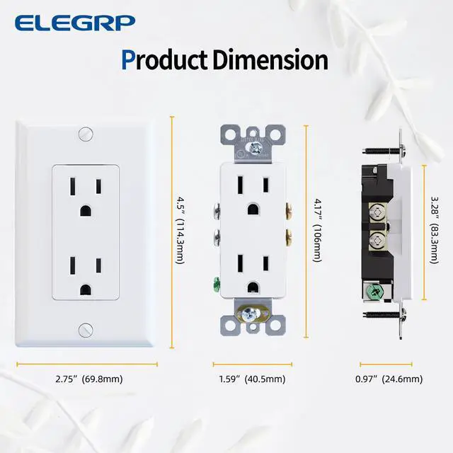 Alt view image 5 of 6 - ELEGRP Glossy White Decorator Receptacle, 15A 125V Standard Electrical Wall Outlet, 2 Pole 3 Wire, Non-Tamper Resistant, NEMA 5-15R, Self-Grounding Residential Grade, w/Wall Plate, UL, 20 Pack