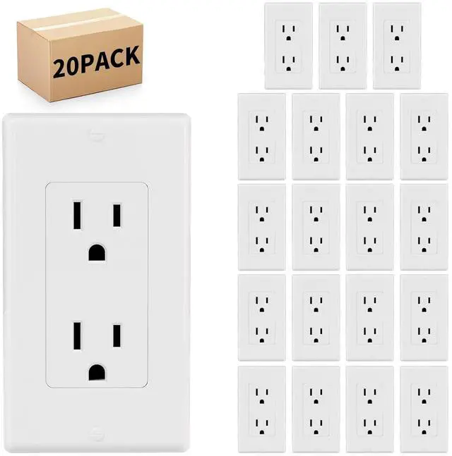 Main image of 20 Pack - POWAWINI Standard Electrical Outlet 15 Amp, 2 Pole 3 Wire, Non-Tamper Resistant, NEMA 5-15R, Self-Grounding Residential Grade, UL Listed, White Decorator Receptacle with Wall Plate and Screw