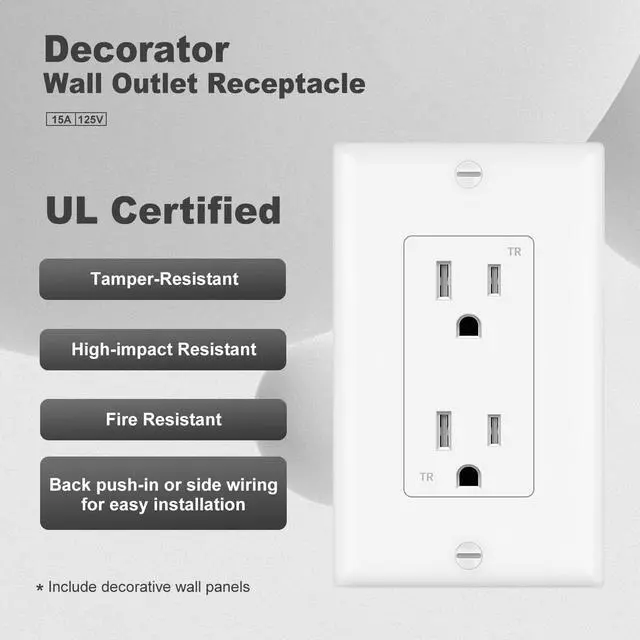 Alt view image 2 of 7 - Micmi 15A Decorator Receptacle Outlet, Tamper Resistant, Decorative Electrical Receptacle Outlet, 15Amp 125 Volt, Grounding with Wall Plate UL Listed (50Pack, Snow White)