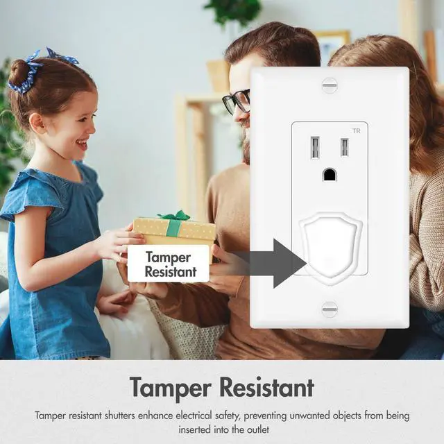 Alt view image 5 of 7 - Micmi 15A Decorator Receptacle Outlet, Tamper Resistant, Decorative Electrical Receptacle Outlet, 15Amp 125 Volt, Grounding with Wall Plate UL Listed (50Pack, Snow White)