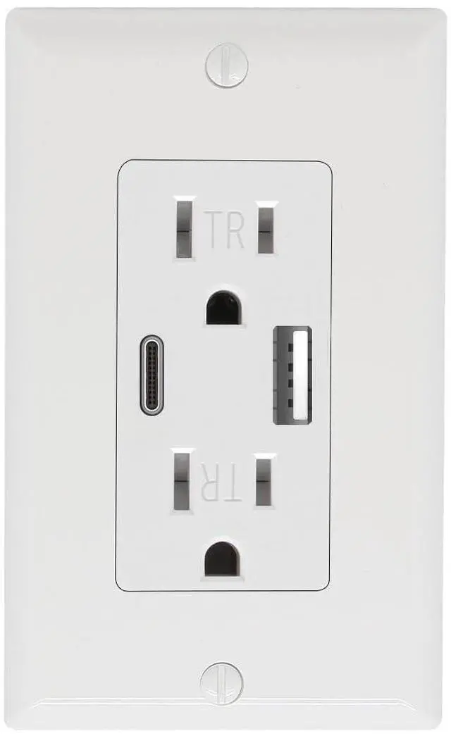 Main image of Wall Outlet 15 Amp, UL Listed, USB C & USB A Port, Charging Power Outlet with USB Ports, Tamper-Resistant Receptacle with Decor Wall Plates and Screws (White)