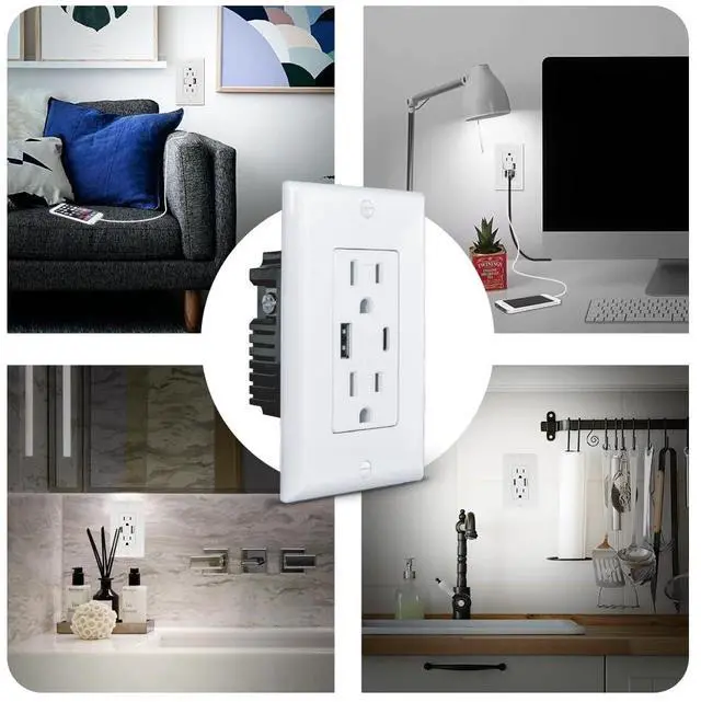 Alt view image 6 of 7 - Wall Outlet 15 Amp, UL Listed, USB C & USB A Port, Charging Power Outlet with USB Ports, Tamper-Resistant Receptacle with Decor Wall Plates and Screws (White)