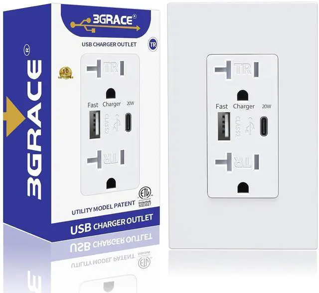 Main image of USB Wall Outlet, Charger Outlets Receptacles with 4.2A USB C Ports, 20 Amp Duplex Tamper Resistant Receptacle Plug with USB Electrical Outlet, Wall Plate Included, ETL ListedWhite, 1 Pack