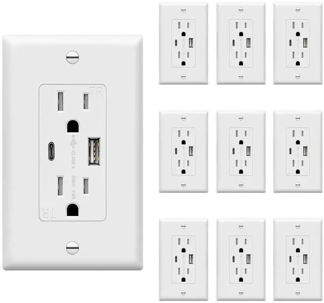 Main image of TOPGREENER USB Outlet, Type C Wall Outlet, 15 Amp TR Receptacle Plug, Charging Power Outlet with USB Ports, Electrical USB Socket, Wall Plate Included, TU21536AC-W-10PCS, White, 10 Pack