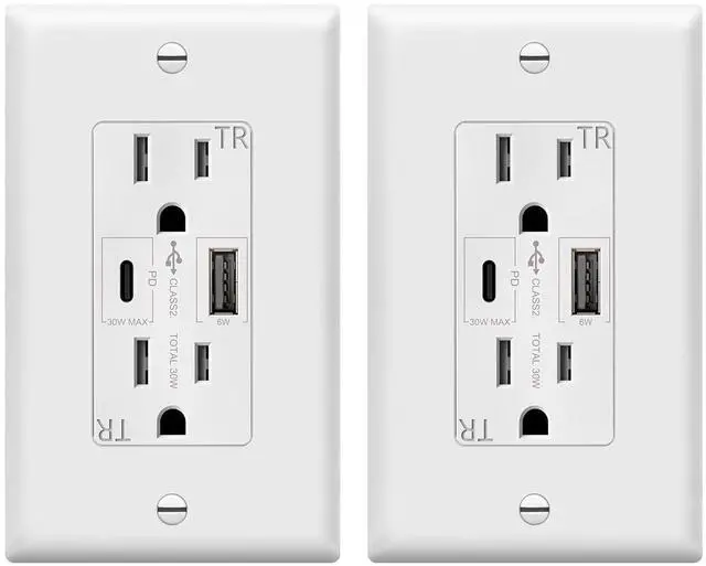 Main image of TOPGREENER USB Outlet, USB Type C Wall Outlet with 36W Power Delivery, 15A Duplex Tamper-Resistant Receptacle, USB C Outlet for Smartphones, Tablets, Laptops, TU215PD30AC-W-2PCS, White, 2 Pack