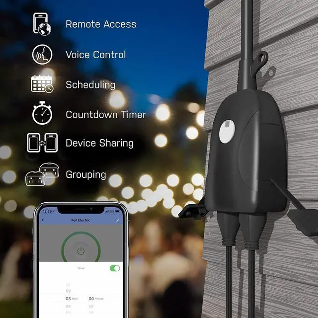 Alt view image 2 of 7 - Feit Electric Smart Dual Outdoor Plug, WiFi Waterproof Plug, Grounded Sockets, Compatible with Alexa and Google Assistant, App Controlled, 15Amp Indoor/Outdoor 2 Outlet WiFi/WP (2 Pack)