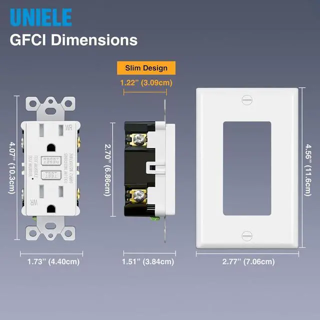 Alt view image 3 of 7 - (10 Pack) UNIELE 15 Amp WR GFCI Outlet, Outdoor Weather-Resistant GFI Receptacle, Ground Fault Circuit Interrupter, Wallplate Included, White