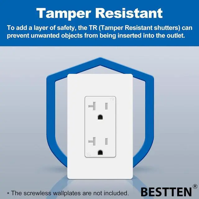 Alt view image 3 of 7 - BESTTEN 20 Amp Decorator Receptacle Outlet, Tamper-Resistant (TR) Electrical Outlet, Residential & Commercial Use, 20A/125V/2500W, UL Listed, 20 Pack, White