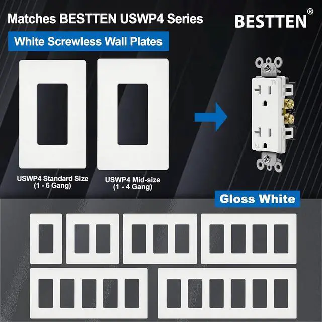 Alt view image 4 of 7 - BESTTEN 20 Amp Decorator Receptacle Outlet, Tamper-Resistant (TR) Electrical Outlet, Residential & Commercial Use, 20A/125V/2500W, UL Listed, 20 Pack, White