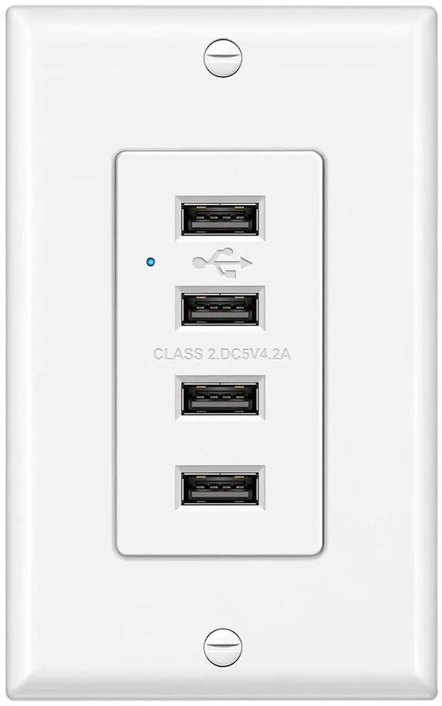 Main image of BESTTEN USB Receptacle Outlet, 4.2A/21W High-Speed 4 Port USB Wall Charging Outlet 125VAC Input, Quad Type-A Ports with LED Indicator, Decorator Wallplate Included, UL Listed, White