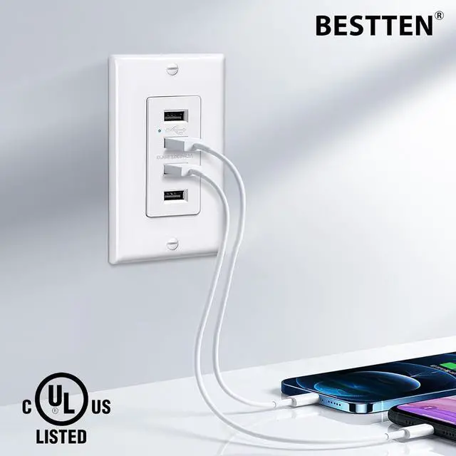 Alt view image 4 of 7 - BESTTEN USB Receptacle Outlet, 4.2A/21W High-Speed 4 Port USB Wall Charging Outlet 125VAC Input, Quad Type-A Ports with LED Indicator, Decorator Wallplate Included, UL Listed, White