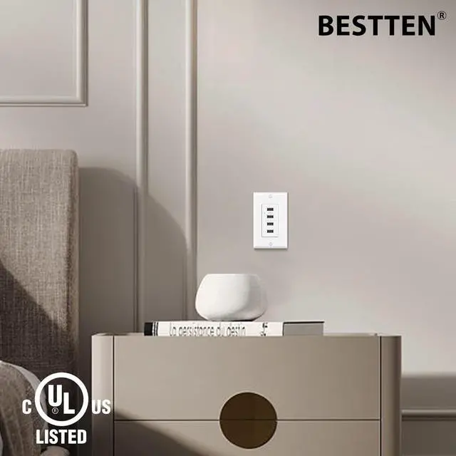 Alt view image 6 of 7 - BESTTEN USB Receptacle Outlet, 4.2A/21W High-Speed 4 Port USB Wall Charging Outlet 125VAC Input, Quad Type-A Ports with LED Indicator, Decorator Wallplate Included, UL Listed, White