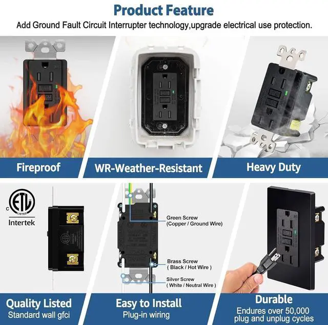 Alt view image 4 of 7 - Black GFCI Outlet 15 Amp,KCMYTONER Black GFI Electrical Outlet, Black Ground Fault Receptacle Outlet Weather Resistant 125 Volt,with Decorator Screwless GFCI Plate,ETL Listed, Black GFI