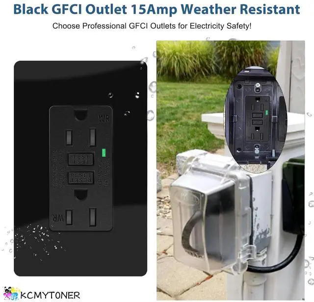 Alt view image 5 of 7 - Black GFCI Outlet 15 Amp,KCMYTONER Black GFI Electrical Outlet, Black Ground Fault Receptacle Outlet Weather Resistant 125 Volt,with Decorator Screwless GFCI Plate,ETL Listed, Black GFI