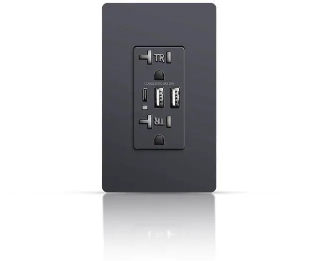 Main image of Black Wall USB Outlet, 20Amp Tamper-Resistant Receptacle Charge with USB Type A & C Ports, 6.0A Duplex Screwless Wall Plate Included, Need Neutral Wire, UL & FCC Listed