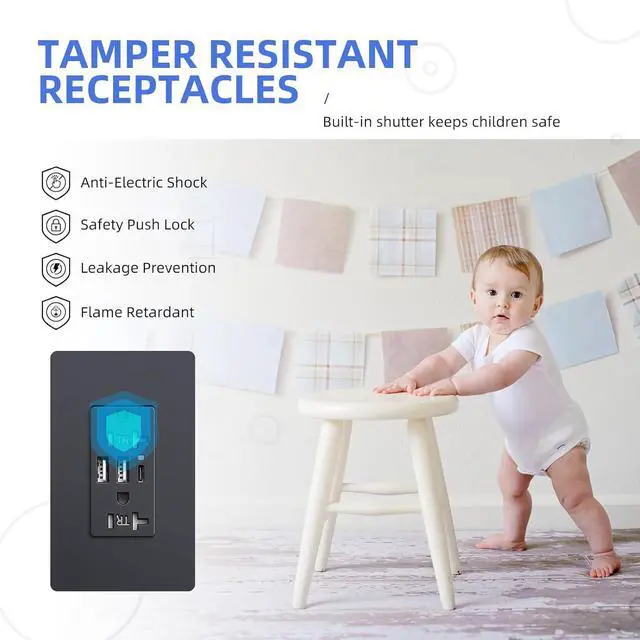 Alt view image 2 of 7 - Black Wall USB Outlet, 20Amp Tamper-Resistant Receptacle Charge with USB Type A & C Ports, 6.0A Duplex Screwless Wall Plate Included, Need Neutral Wire, UL & FCC Listed