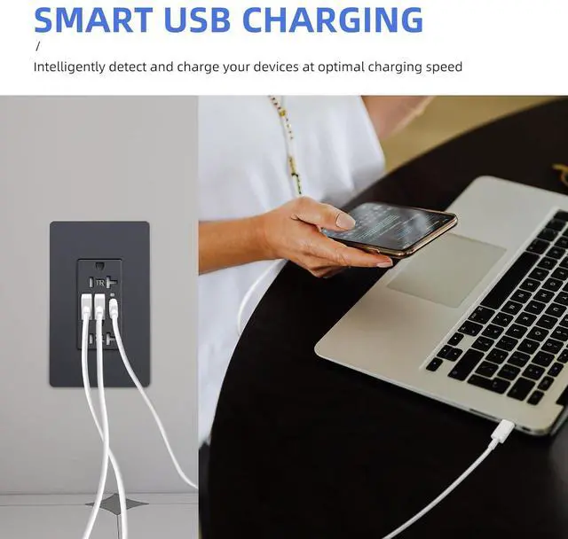 Alt view image 3 of 7 - Black Wall USB Outlet, 20Amp Tamper-Resistant Receptacle Charge with USB Type A & C Ports, 6.0A Duplex Screwless Wall Plate Included, Need Neutral Wire, UL & FCC Listed