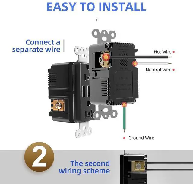 Alt view image 6 of 7 - Black Wall USB Outlet, 20Amp Tamper-Resistant Receptacle Charge with USB Type A & C Ports, 6.0A Duplex Screwless Wall Plate Included, Need Neutral Wire, UL & FCC Listed