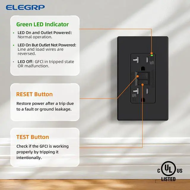 Alt view image 4 of 7 - ELEGRP GFCI Outlet Outdoor, 20 Amp Self-Test GFI Electrical Outlet with Thinner Design, Weather & Tamper Resistant GFCI Receptacle, Ground Fault Receptacle w/Wall Plate, UL Listed, Matte Black, 1 Pack