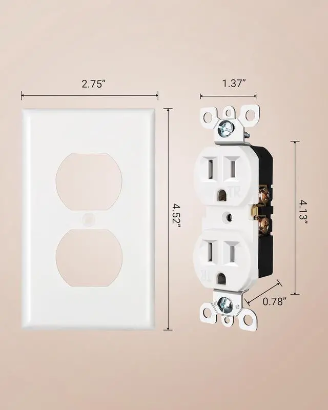 Alt view image 7 of 7 - [20-Pack] DEWENWILS Duplex Receptacle Outlet, 15Amp/125V, Tamper Resistant, Wall Plates Included, UL Listed, Standard Wall Outlet, White
