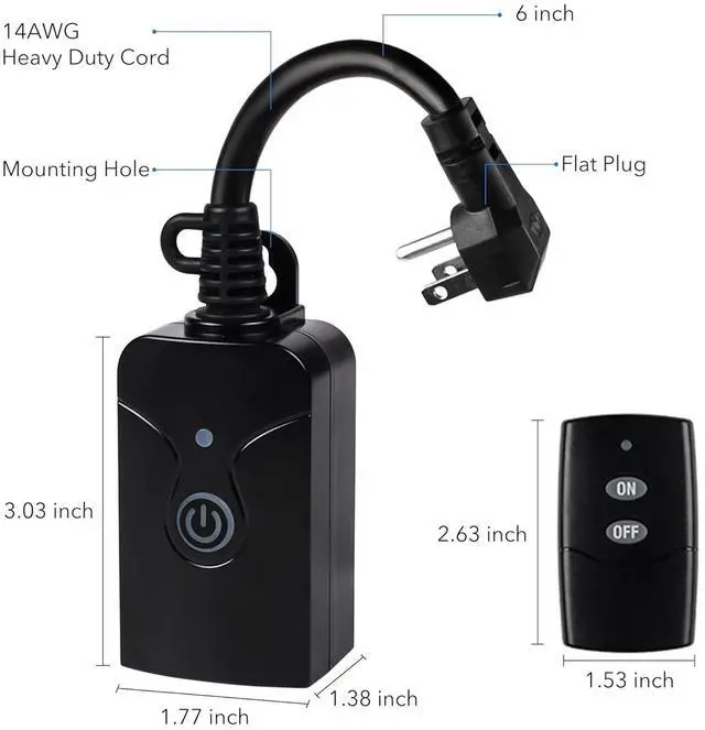 Alt view image 5 of 7 - HBN Outdoor Indoor Wireless Remote Control 3-Prong Outlet Weatherproof Heavy Duty 15 A Compact 1 Remote 1 Outlet with Remote 6-inch Cord 100ft Range ETL Listed (Battery Included)