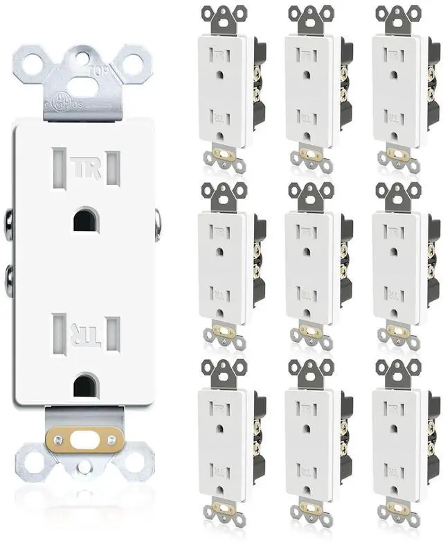 Main image of Decorator Electrical Wall Outlets, 15 Amp Tamper Resistant Standard Decor Receptacle, Self-Grounding, Residential & Commercial Grade, 2-Pole, 3-Wire, UL Listed, 10Pack, White