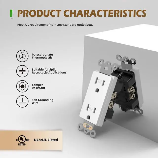 Alt view image 2 of 7 - Decorator Electrical Wall Outlets, 15 Amp Tamper Resistant Standard Decor Receptacle, Self-Grounding, Residential & Commercial Grade, 2-Pole, 3-Wire, UL Listed, 10Pack, White
