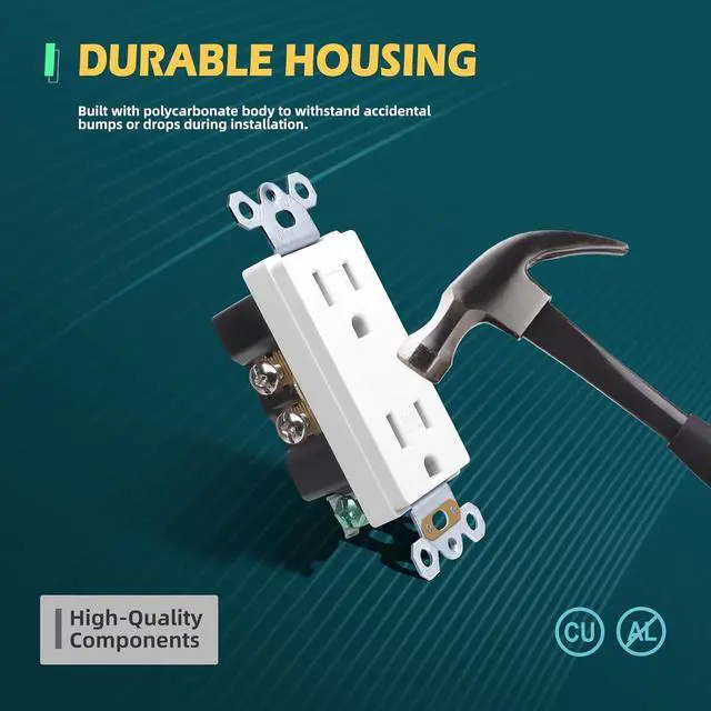 Alt view image 3 of 7 - Decorator Electrical Wall Outlets, 15 Amp Tamper Resistant Standard Decor Receptacle, Self-Grounding, Residential & Commercial Grade, 2-Pole, 3-Wire, UL Listed, 10Pack, White