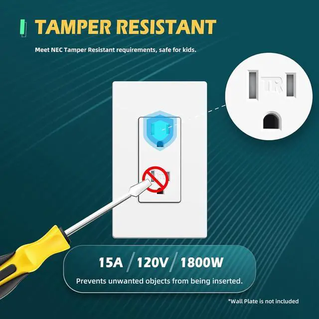 Alt view image 4 of 7 - Decorator Electrical Wall Outlets, 15 Amp Tamper Resistant Standard Decor Receptacle, Self-Grounding, Residential & Commercial Grade, 2-Pole, 3-Wire, UL Listed, 10Pack, White