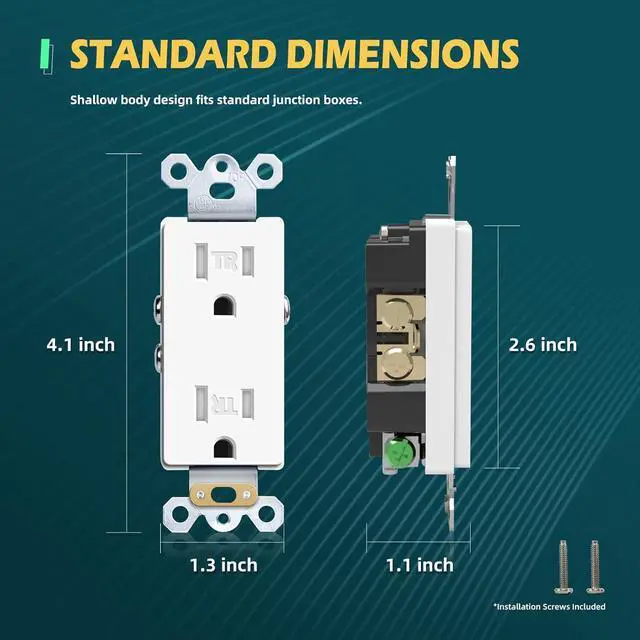 Alt view image 5 of 7 - Decorator Electrical Wall Outlets, 15 Amp Tamper Resistant Standard Decor Receptacle, Self-Grounding, Residential & Commercial Grade, 2-Pole, 3-Wire, UL Listed, 10Pack, White