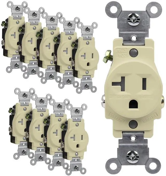 Main image of ENERLITES Single Receptacle Outlet, Tamper-Resistant, Commercial Grade, 3-Wire, Grounding Screw, 2-Pole, 5-20R, 20A 125V, UL Listed, 61200-TR-I-10PCS, Ivory (10 Pack)