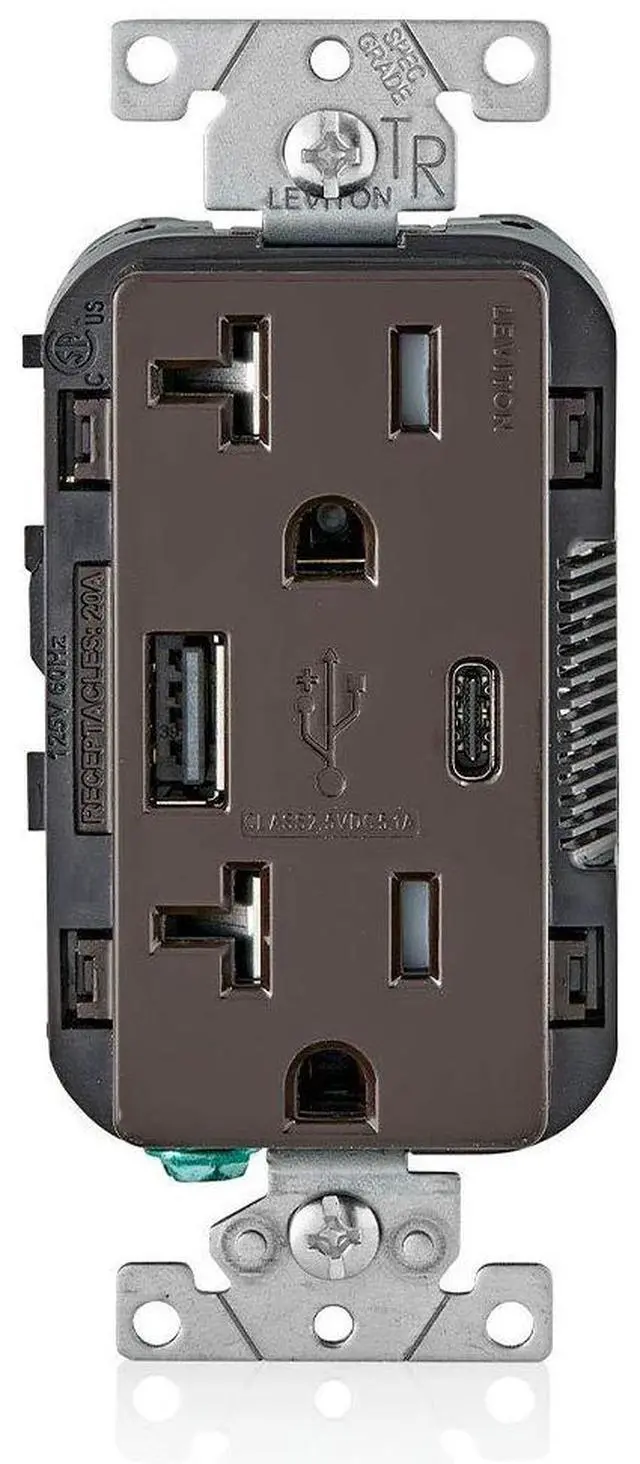 Main image of Leviton Type A & Type-C USB In-Wall Charger with 20A Tamper-Resistant Outlet, USB Charger for Smartphones and Tablets. Not for Laptops, T5833-B, Brown