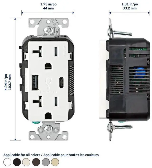Alt view image 2 of 5 - Leviton Type A & Type-C USB In-Wall Charger with 20A Tamper-Resistant Outlet, USB Charger for Smartphones and Tablets. Not for Laptops, T5833-B, Brown